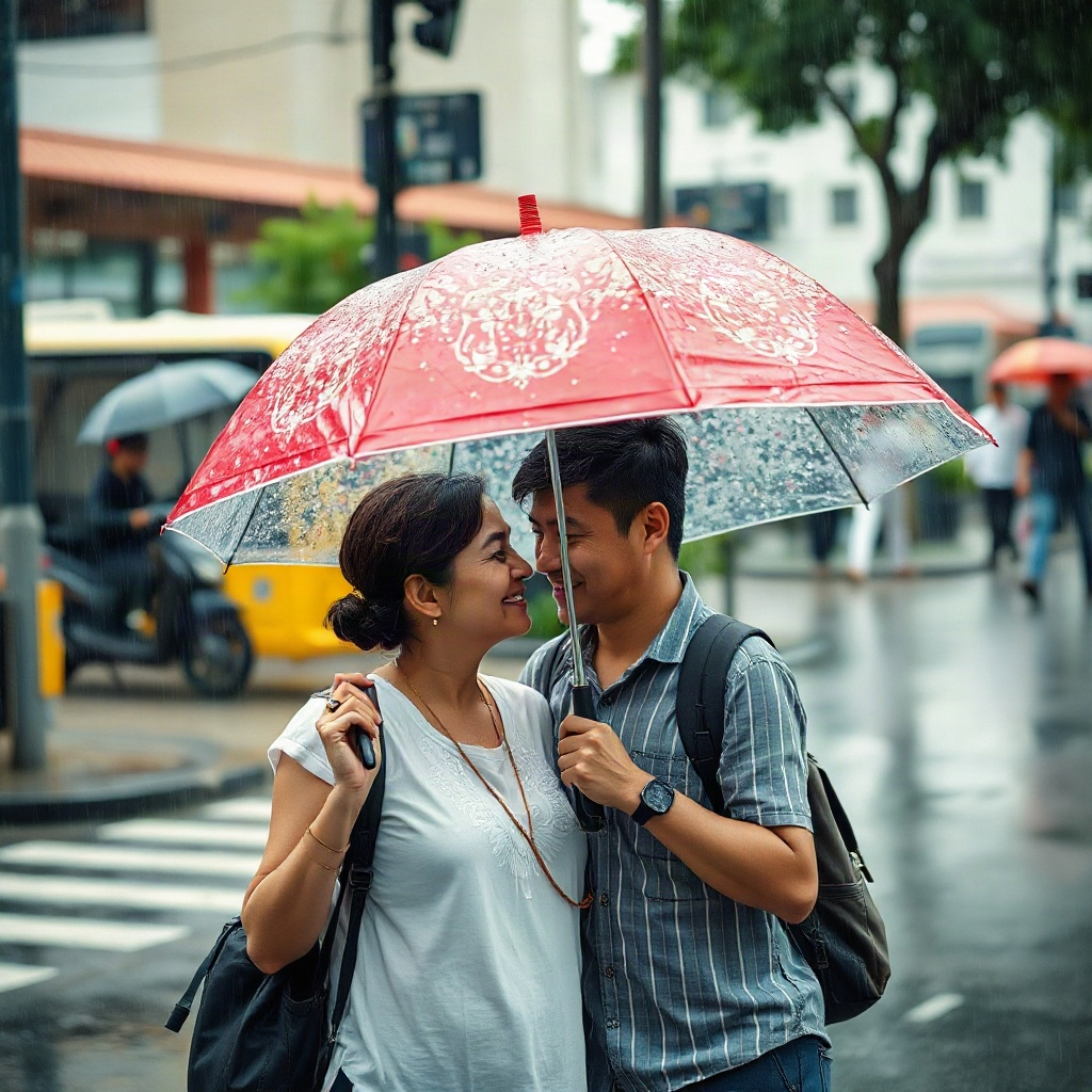 Two people sharing an umbrella in summer rain